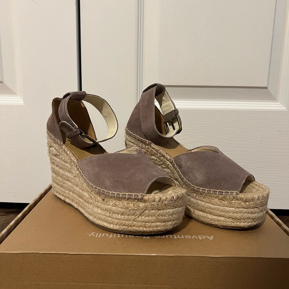 Soludos Taupe Suede Platform Wedge Espadrilles